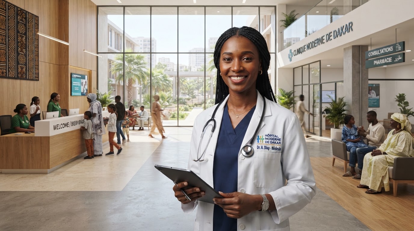 Médecin souriante et plateau médical moderne de la Clinique Mame Diarra Bousso à Dakar