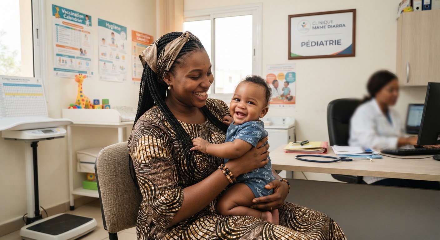 Mère souriante avec son bébé en pédiatrie à la Clinique Mame Diarra
